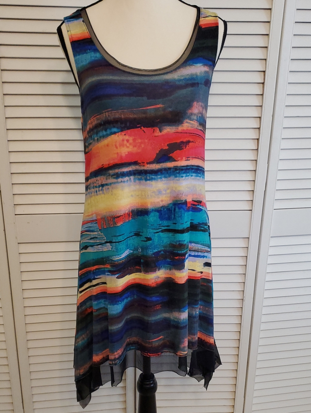 Cupio Rainbow Dress or Beach Swim Coverup with Black Mesh Trim, Size Medium